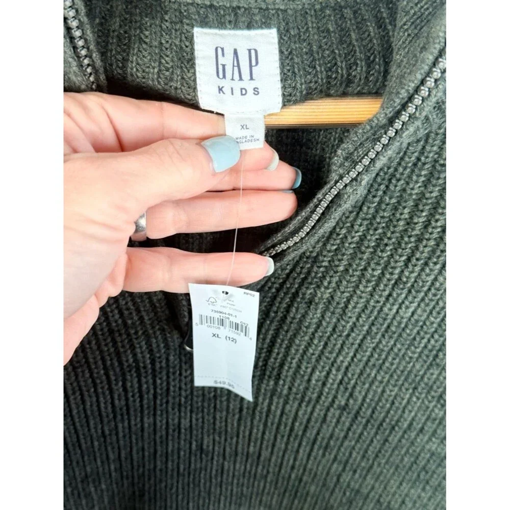 GAP Kids XL Ribbed Quarter Zip Sweater Green Pullover Cotton Blend 12 Mock Neck